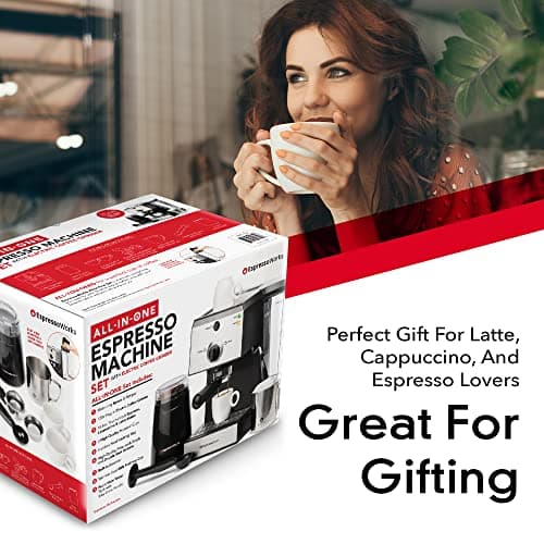 EspressoWorks All-In-One Espresso Machine with Milk Frother 7-Piece Set - Latte Maker Includes Grinder, Frothing Pitcher, Cups, Spoon and Tamper - Coffee Gifts (Stainless Steel) 7