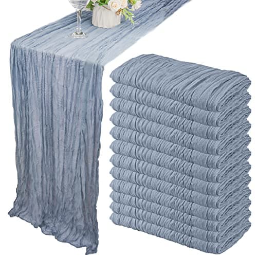 12 Pack 10Ft Cheesecloth Table Runner 35x120 Inch Boho Gauze Table Runner Rustic Cheese Cloth Long Romantic Table Runners for Wedding Bridal Shower Birthday Party Table Decor (Dusty Blue)