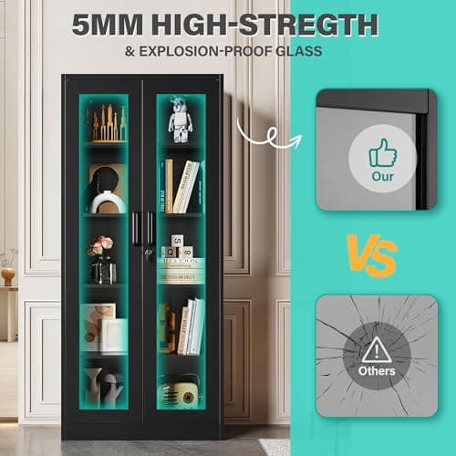 SISESOL Metal Storage Cabinet with Lock and Glass Doors,Glass Display Cabinet,67" Tall Black Storage Cabinets,Locking Curio Cabinets with 5 Shelves for Collectibles,Home,Office,Living Room 7