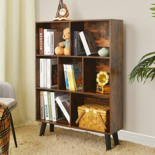 LEYAOYAO Cube Bookshelf 3 Tier Mid-Century Rustic Brown Modern Bookcase with Legs,Retro Wood Bookshelves Storage Organizer Shelf,Freestanding Open Book Shelves for Bedroom,Living Room,Office 9