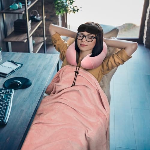 urnexttour Travel Pillow and Blanket Set Neck Pillows Travel Essentials with Sleep Mask for Airplane Car Memory Foam Pink 6