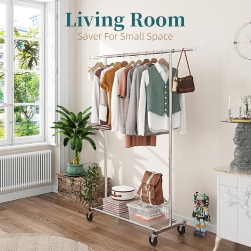 Simple Trending Standard Rod Clothing Garment Rack, Rolling Clothes Organizer on Wheels for Hanging Clothes, Chrome 7