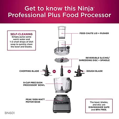 Ninja BN601 Professional Plus Food Processor 1000-Peak-Watts with Auto-iQ Preset Programs Chop Puree Dough Slice Shred with a 9-Cup Capacity and a Silver Stainless Finish (Renewed) 8