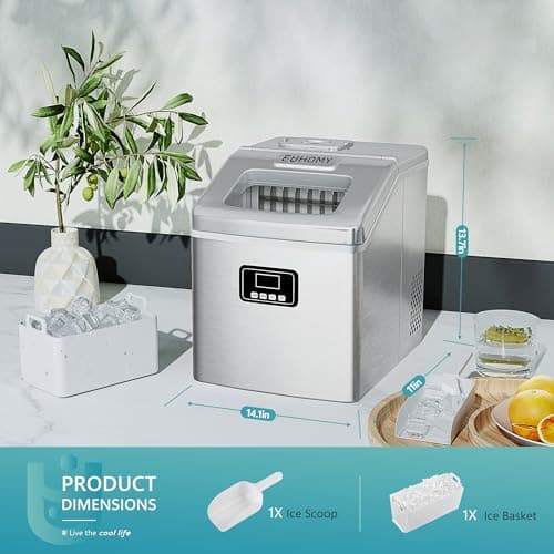 EUHOMY Countertop Ice Maker Machine, 40Lbs/24H Auto Self-Cleaning, 24 Pcs Ice/13 Mins, Portable Compact Ice Maker with Ice Scoop & Basket, Perfect for Home/Kitchen/Office/Bar(Silver) 6