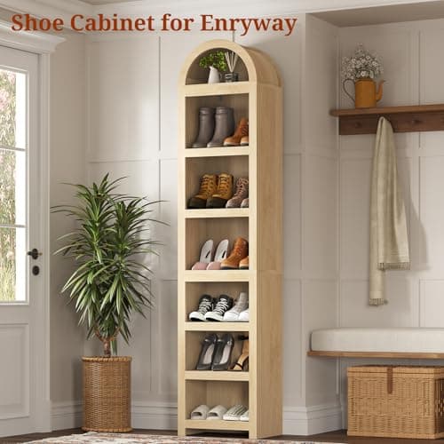 UPOSOJA 76" Tall Narrow Arched Bookcase,7-Teir Mid-Century Modern Bookshelf,Adjustable Shelves offering More Storage Space for Living Room,Kitchen,Home Office,Oak 5