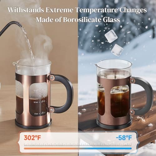 Veken French Press Coffee Maker 21oz 0.6 L, Single Serve Small Pot, Heat Resistant Thickened Borosilicate Glass, Stainless Steel Brewer, Cold Brew Cafetera Teapot for Kitchen Travel Camping, Copper 3