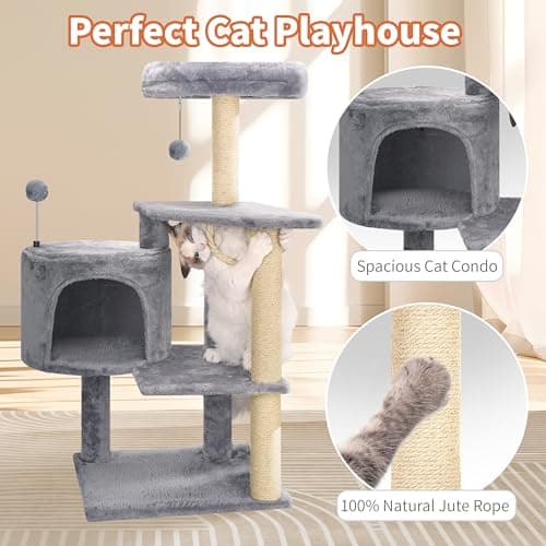 TINWEIUS Multifunctional Cat Tree for Indor Cats, Cat Tower with Cozy Condo, Perches, Scratching Posts and Hanging Rope, Grey 5