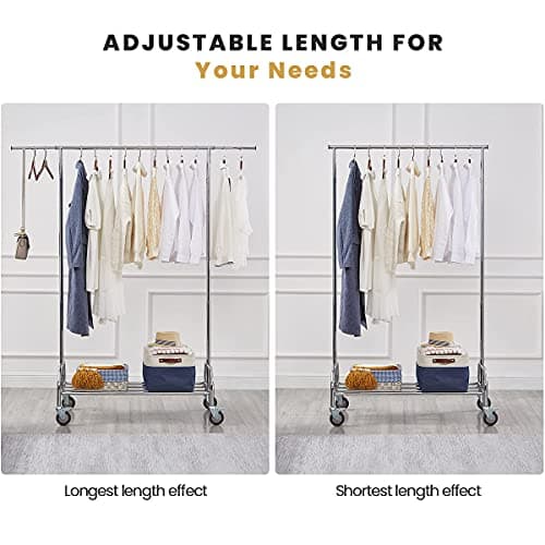 LiaMeE Heavy Duty Clothing Racks for Hanging Clothes, Adjustable Rolling Commercial Garment Rail on Wheels, Free Standing Standard Rod & Shelf for Wardrobe Organization, Chrome Plated 7
