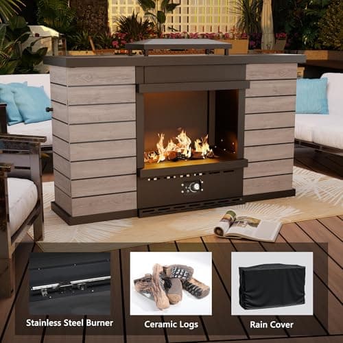 63.0''x37.6'' Outdoor Propane Fireplace, 50,000 BTU Vent-Free Gas Heater, CSA Certified Grey & Black Weather-Resistant Steel, Realistic Ceramic Logs, Rain Cover Included 6