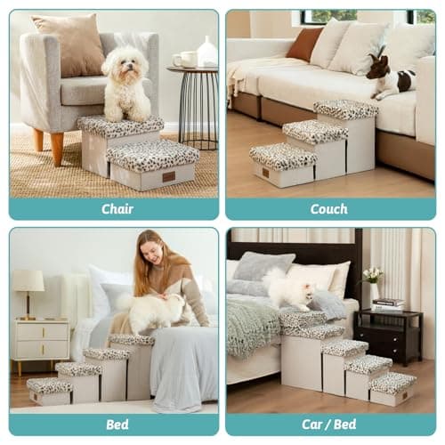 COZY KISS Dog Stair for Small Dogs with Storage, Foldable Pet Stairs for Medium or Puppy Dogs and Older Cats, Dog Steps for Bed or Couch with Soft Cover, 33x13x17.7 inch, 4 Tiers, Leopard 7