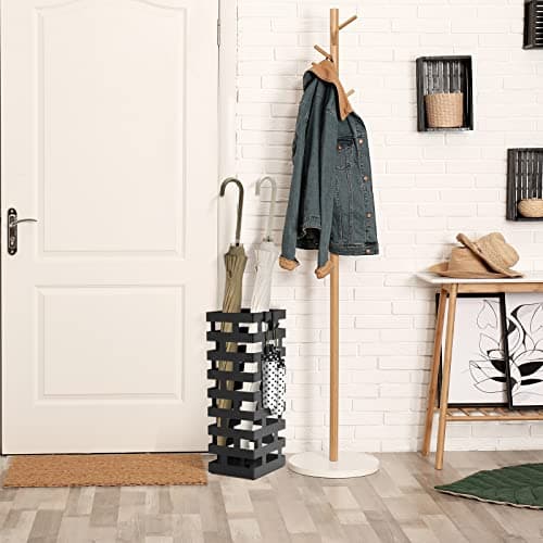 Tudomro Umbrella Stands for Entryway Large Metal Umbrella Holder 6.3 x 5.5 x 16.5 Inches with Removable Water Tray and Hooks Decor Freestanding Rectangular Hollow Rack for Home Office(Black) 6