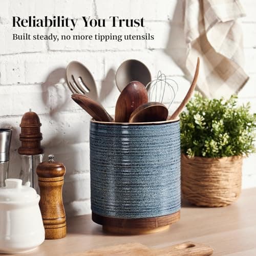 DOWAN 360° Rotating Extra Large Cooking Utensil Holder, 7.6" Kitchen Utensil Holder for Countertop, Utensil Crock for Farmhouse Kitchen Decor, Ceramic Stable Utensil Caddy, Blue 6