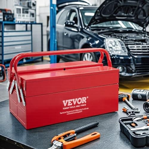 VEVOR Metal Tool Box, 14-inch, 2-Tier 3-Tray Portable Folding Tool Chest Organizer with Handle & Lock Hole, Powder Coated Steel, Cantilever Toolbox for Household Factory Warehouse Repair Shop, Red 8