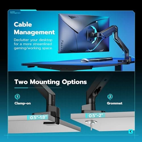 ARES WING Ultrawide Monitor Arm with USB A/C, for 17 to 49 inch Heavy Duty Screen, Holds 44 lbs, Adjustable Gas Spring Arm Desk Mount with Clamp and Grommet Base, Black 7