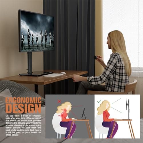 Single Monitor Stand Freestanding 27-43 Inch Monitor Arm Curved Screen Monitor Mount Tempered Glass Base Adjustable Motion Tilt -15° to 10° Swivel ±45° Rotation 360° Weight Capacity 77lbs HT05B-003 5