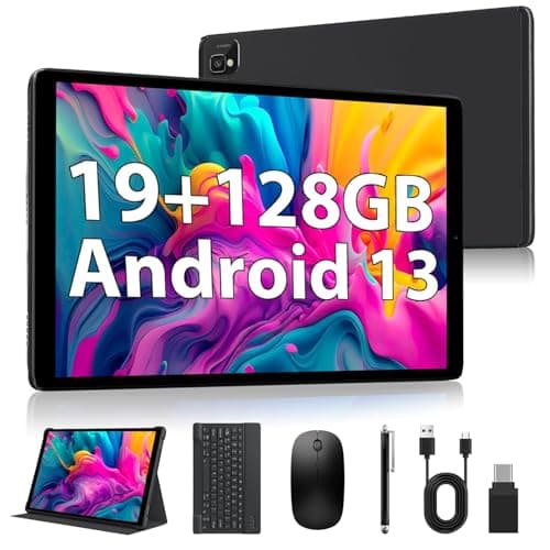 POWMUS 2025 Android 13 Tablets,10.1-inch Tablet with 128GB ROM,19GB RAM,1TB Expand, 2.0GHz CPU, 1920*1200 Incell screen, 8000mAh, 8+13MP WiFi BT5.0 GPS Android Tablet with Keyboard and Mouse - Black