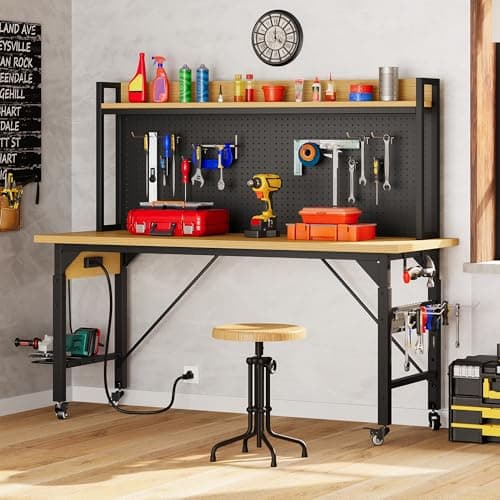 DWVO 60" Adjustable Workbench with Pegboard, Heavy Duty Wood Top Work Bench with Wheels, 1600 LBS Load Capacity, Rolling Work Table with AC/USB Outlet, Hooks, Rack for Garage, Workshop, Office, Home 8