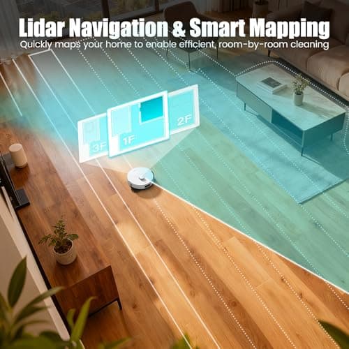 AIRROBO Robot Vacuum and Mop, 60-Day Self-Emptying, 6000PA Suction, Tangle-Free Brush for Pet Hair, Carpet Detection, LiDAR Navigation, APP ＆ Voice Control, White 6