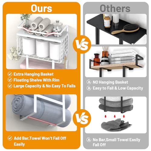 Towel Racks for Bathroom Wall Mounted, 4 tire Bath Towel Storage - with 2 Pack Towel Shelf and Floating Shelves Over Toilet, Rolled Towel Holder Shelf Organizer, Sturdy Metal & Wood, 34inch, White 5