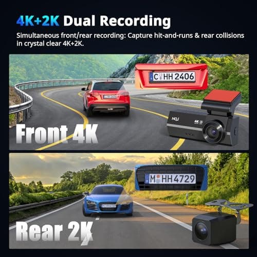 Dash Cams Front and Rear, NQJ 4K+2K Dual Dash Camera for Cars w 64GB Card, 5GHz Wi-Fi & App, G-Sensor, 3.2” Screen, 24H Parking Mode, 170°Wide Angle, Night Vision 6