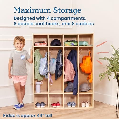 ECR4Kids Streamline 4-Section Coat Locker with Cubby Storage, Classroom Furniture, Natural 5