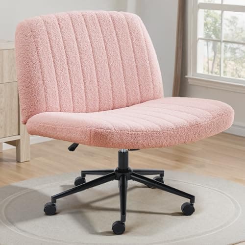 OLIXIS Criss Cross Chair with Wheels Wide Cross Legged Office Desk Vanity Chair Comfy Fabric Armless Adjustable Swivel for Home Computer Task Teddy Pink