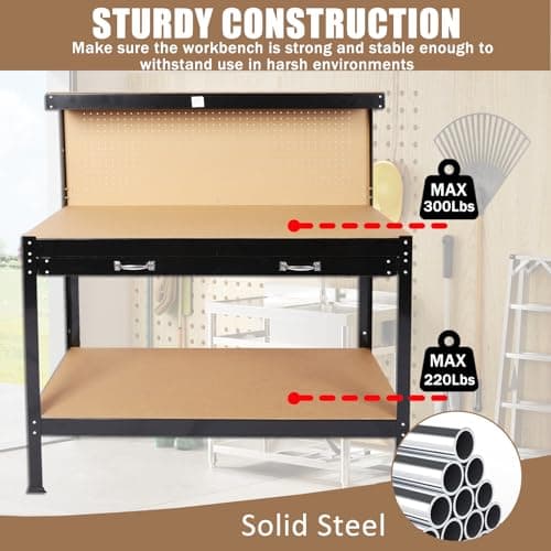 SPOWAY 63'' Garage Workbench, 300 Lbs Load Capacity Heavy Duty Work Bench, Workbench with Pegboard Drawer Backplate Metal Frame Wood Top Workbench for Workshop Office Home Garage 5