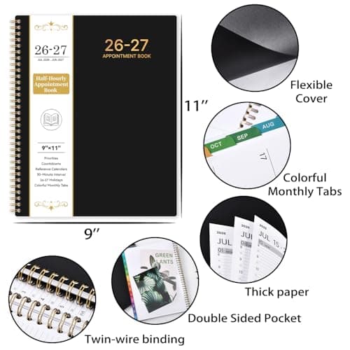 Appointment Book 2026-2027 - Planner 2026-2027, 9" x 11", July 2026 - June 2027, Daily Hourly Planner with 30-Minute Interval, Weekly & Monthly, Colorful Monthly Tabs, Inner Pocket - Black 6