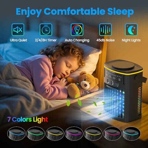 Portable Air Conditioners, Mini Air Conditioner Portable with Remote, 3 Speeds & 3 Mist, 2-8H Timer & 7 Light Evaporative Air Cooler, Personal Cooling Air Conditioner Fan for Bedroom Office Desk 5