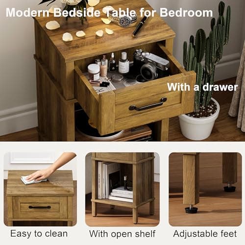 Farmhouse Nightstand with Drawer, Small Wood Bedside Table, Small Rustic Side Table, Modern End Table with Drawer, Wooden Walnut Brown Night Stand for Bedroom LET512DR 6
