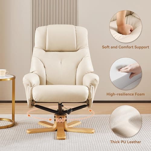 Swivel Recliner Chair with Ottoman, Recliners on Clearance, Stylish Faux Leather Recliner Chairs for Adults, 360° Swivel Reclining Chair for Living Room, Study, RV Recliners, Cream 5