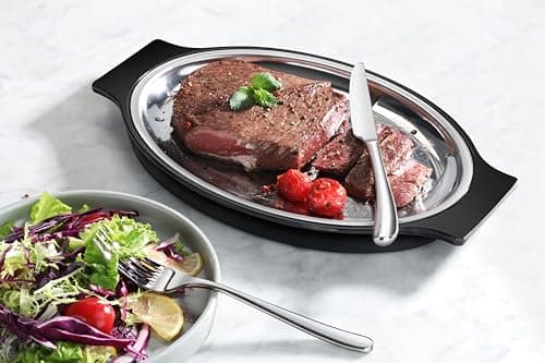 New Star Foodservice 26733 Oval Stainless Steel Sizzling Platter with Insulated Holder, 11.63" x 8", Black 8