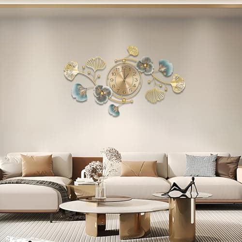 QXSXKJ 3D Metal Wall Decor with Silent Clocks, Retro Gold Metal Wall Art Ginkgo Decor,Battery Powered H and V Adjustable Clock Décor, Large Decorations Art For Livingroom Bedroom Kitchen