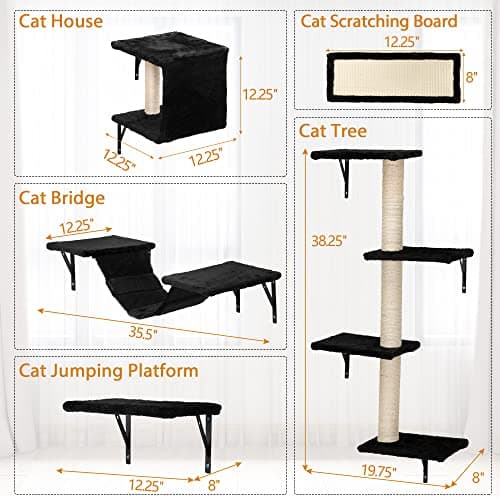 COZIVVOVV 5 Pcs Wall-Mounted Climber Set, Wood Indoor with Shelves and Perches, Ladder, Condo House, Scratching Board and Tree, Wall Shelves Furniture for Cats (Black) 6