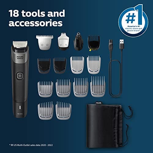 Philips Norelco Multigroom 5000 Series, All-in-One Trimmer and Hair Clipper, 18-Piece Men's Grooming Kit for Beard, Face, Hair, Body and Intimate Areas, No Blade Oil Needed, Model MG5910/49 7