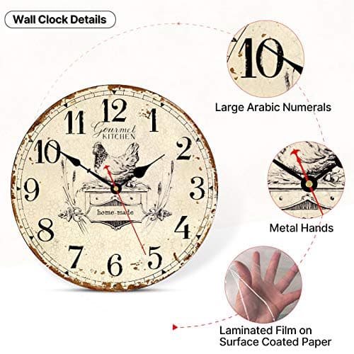Toudorp Rustic Wall Clock French Country Vintage 14 Inch Battery Operated Silent Non-Ticking Wooden Wall Clocks Retro Arabic Numerals Animal Hen Style (Gourmet Kitchen) 5