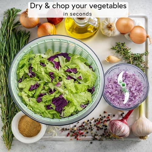 Brieftons Salad Spinner and Chopper: Large 6.3-Quart Lettuce Greens Vegetable Washer Dryer, with Bonus 0.95-Quart Veggie Chopper Mixer, Compact Storage, Easy Push Operation for Quick Veggie Prepping 8