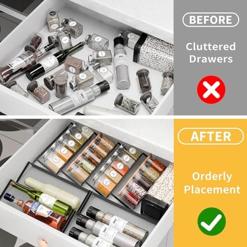 Simple Trending Spice Drawer Organizer,8 Piece Metal Mesh Expandable from 10.75" to 21.5" Insert,Hold up 48 Spice Jars Kitchen Countertop Rack Tray，for Drawer Countertop Jars not included 6