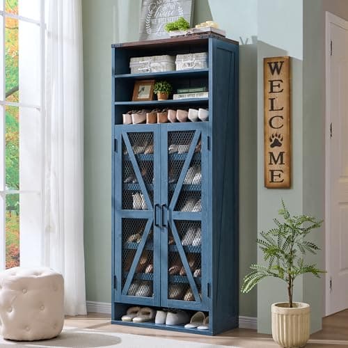 JXQTLINGMU Farmhouse Shoe Cabinet, 72" Tall with Mesh Doors and Adjustable Shelves, Rustic Wooden Shoe Organizer, Modern Large Shoe Cabinet Storage for Entryway, Blue