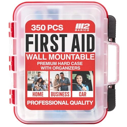 M2 BASICS Professional 350 Piece First Aid Kit, Wall Mountable Dual Layer Hard Case for Business, Home, Car, Vehicle & Work