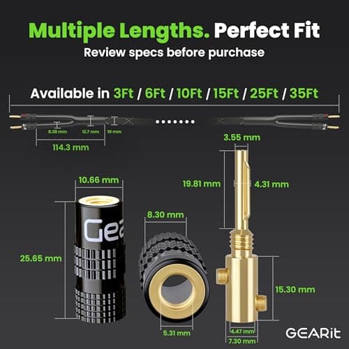 GearIT 12AWG Speaker Cable Wire with Gold-Plated Banana Tip Plugs (15 Feet) In-Wall CL2 Rated, Heavy Duty Braided, 99.9% Oxygen-Free Copper (OFC) - Black, 15ft 8