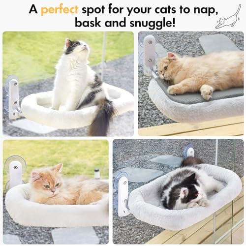 Zoratoo Cat Window Perch, Cordless Cat Hammock Window Seat with Cozy Pad Bed Cover for Indoor Cats, Durable Metal Frame Support Pet Bed with 4 Suction Cups for Large Cats (Cushion Pad Bed - White) 6