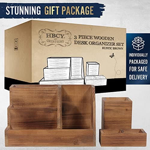 HBCY Creations 3 Piece Rustic Wooden Desk Organizer Set - Mail Organizer for Desktop - Great for Industrial Home Decor! Makeup Organizer for Vanity 8