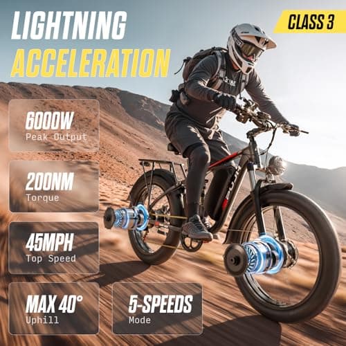 PUJH 6000W Dual Motor Electric Bike for Adults,60V 20Ah 26" Fat Tire Fast Ebike,45 mph up to 100 Miles,Class 3 Lockable Suspension Electric Bicycle for Snow Off Road Mountain Hunting Commuter E-Bike 6