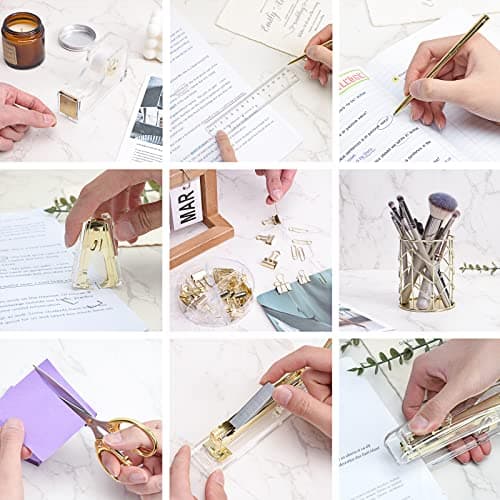 EOOUT Gold Office Supplies Set Desk Accessories, Acrylic Stapler Set Staple Remover, Phone Holder, Tape Holder, Pen Holder, 2 Ballpoint Pen, Scissor, Binder Clips, Ruler, Transparent Glue and Staples. 5