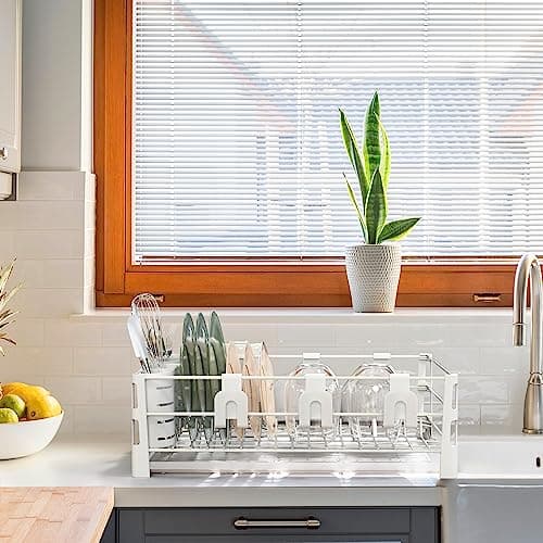 Simple Houseware White Dish Drying Rack with Drainboard, Utensil Holder & Mug Hooks – Metal Kitchen Counter Organizer 6