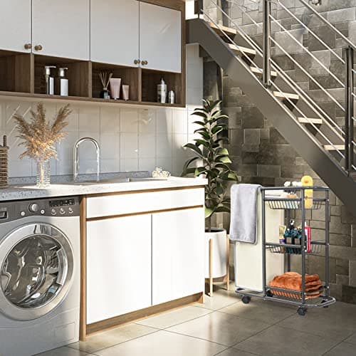 Doxbom Narrow Laundry Cart with Wheels,3 Baskets and 45L Laundry Bag Metal Rolling Cart for Small Space,Laundry Room Organization and Storage for Bathroom Living Room Apartment Dorm 5