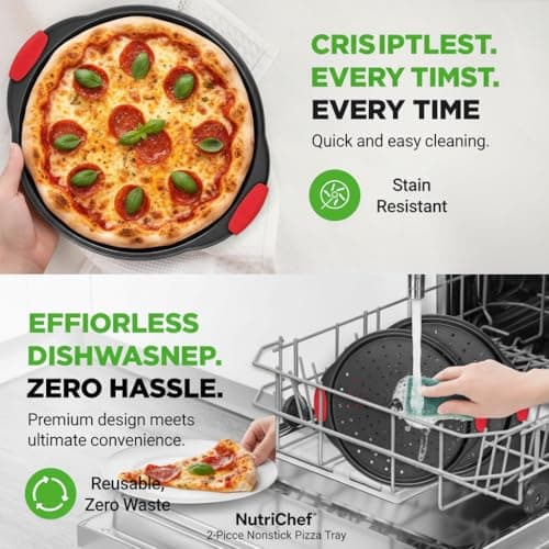 NutriChef 2-Piece 13-Inch Nonstick Pizza Tray, Round Carbon Steel Non-Stick Pizza Pan with Perforated Holes, Premium Bakeware Pizza Screen with Silicone Grip Handles, Dishwasher Safe, NCBPIZX2 5