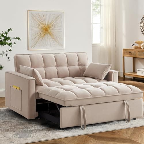 3 in 1 Sleeper Sofa Bed,Velvet Convertible Sofa Bed Pull-Out Bed Couch with Side Pockets,55'' Loveseat Sleeper Sofa with Adjustable Backrest for Living Room,Bedroom,Apartment and Small Space,Taupe