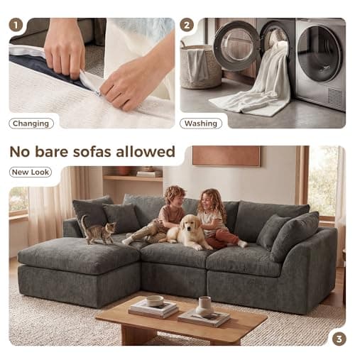 Amsleekey 108" Cloud Sectional Couches, with 1 Extra Washable Cover, L Shaped 25.6" Deep Seat Couch with Ottoman, Oversized Comfy Living Room Sofa, DIY Color Refresh (White Sofa + Gray Cover Set) 5